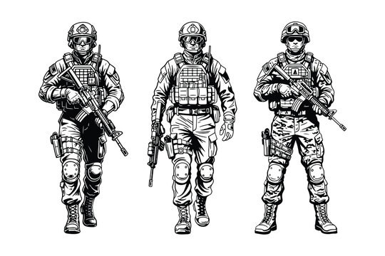 Armed Tactical Soldiers Set Black and White Military Line Art Illustration