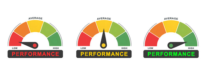 Performance Meter Gauge Vector: Low, Average, High Level Indicator. isolated on white background 