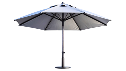 An open gray patio umbrella with a dark central pole, isolated on transparent background