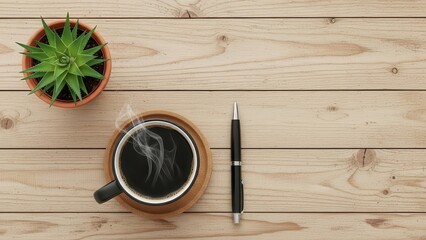 Serene and minimalist flat lay composition featuring a steaming black coffee in a ceramic mug resting on a natural cork coaster alongside a vibrant green aloe vera plant in a terracotta pot and a