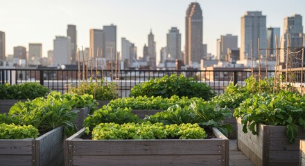 Fototapeta premium Urban Rooftop Garden Oasis: Fresh Produce with City Skyline Backdrop at Sunset