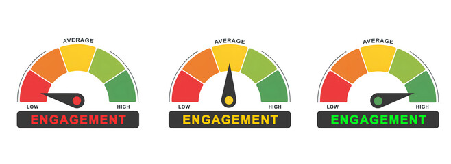Engagement Level Meters: Low, Average, and High  isolated on white background