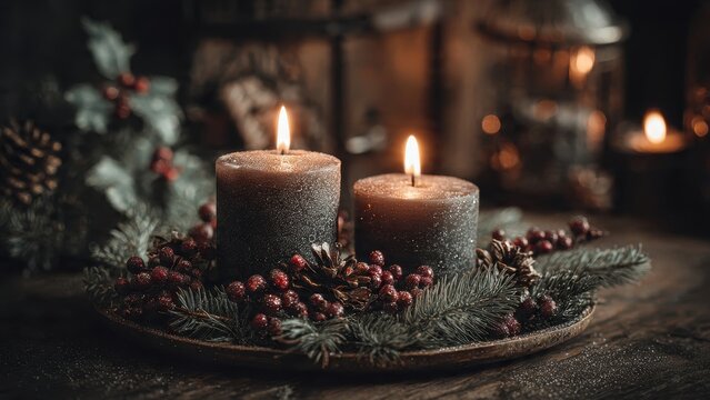 Cozy Advent or Christmas decoration featuring two shimmering charcoal pillar candles surrounded by festive pine, pine cones, and deep red berries on a dark rustic wooden table