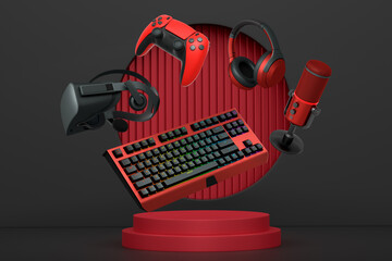 Gaming and streaming accessories including RGB keyboard, headphones, mic, VR glasses floating above podium