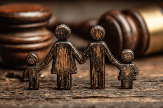 A wooden family sculpture is representing family law and justice on rustic table, featuring a gavel symbolizes the fairness and equity. ..Created with Generative AI, not depicting real subjects.
