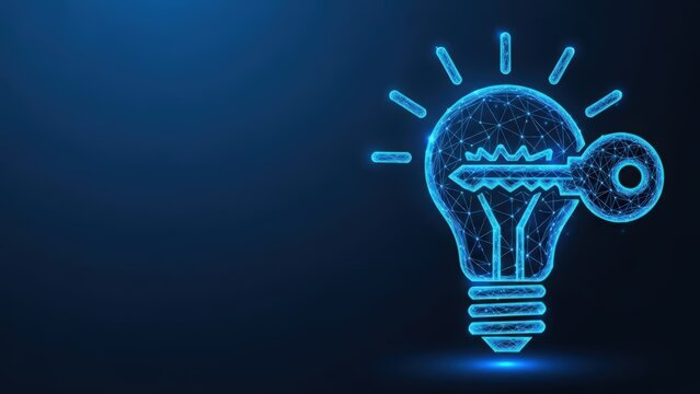 A glowing blue polygonal lightbulb symbol displaying a key shape representing innovation and bright ideas on a dark digital background
