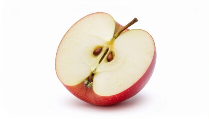 Realistic red apple cut in half showing fresh juicy interior and seeds, isolated on clean white background