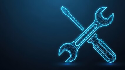 Digital illustration of glowing blue tools including a wrench and screwdriver crossed against a dark background with a technological mesh pattern
