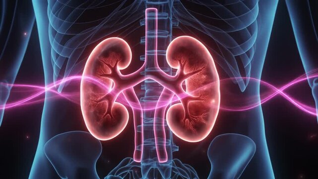 3D illustration of human kidneys with glowing pink waves emphasizing function and health
