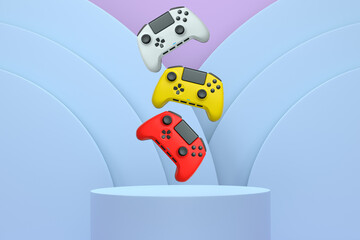 Colorful gaming controllers joystick levitating over podium against abstract background, minimalist concept device on pedestal