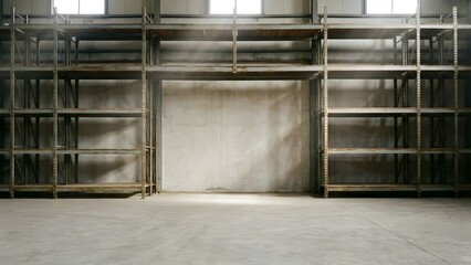 Empty Industrial Warehouse with Metal Shelves and Concrete Floor.