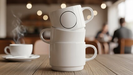 Minimalist, pristine white ceramic coffee cups are delicately stacked in a slightly precarious tower on a rustic wooden table, bathed in soft, diffused natural light from a cafe window, creating a