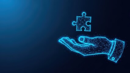Glowing digital hand offering a puzzle piece in a dark blue abstract space