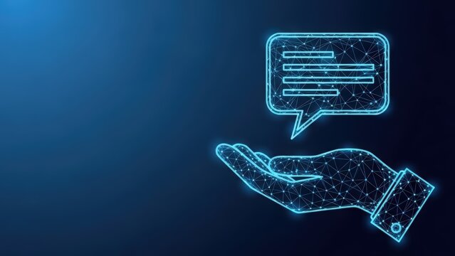 Glowing digital hand offering a chat bubble for communication and support