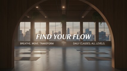 Yoga Studio with City View and Text Overlay.