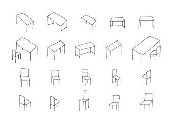 机と椅子の手描きイラストセット