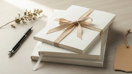 Serene, minimalist stack of creamy white hardcover journals tied with a rustic burlap ribbon, gently resting on a light wood grain surface alongside a sleek silver pen and a blank kraft paper tag,