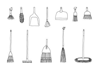 ほうきとちりとりの手描きイラストセット