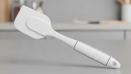 Sleek, minimalist white silicone rubber spatula with ergonomic handle design is casually laid on a light gray countertop in a bright, modern kitchen setting, illuminated by soft natural light,
