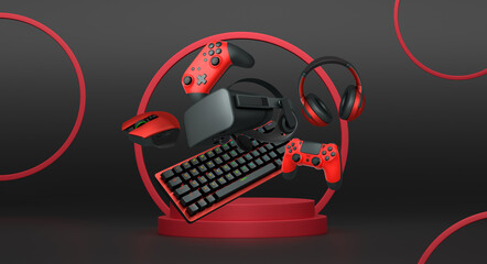 Gaming and streaming accessories including RGB keyboard, headphones, mouse, joystick and VR glasses floating above podium