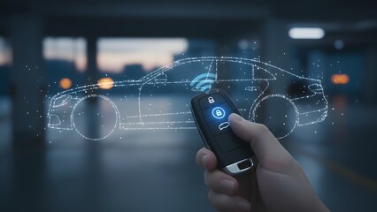 Hand holding smartphone with virtual car interface.