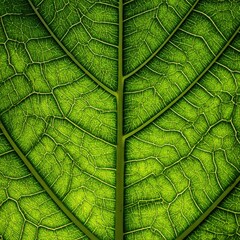 Detailed close-up of a vibrant green leaf, showcasing intricate vein patterns