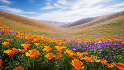Fototapeta premium Vast Wildflower Valley with California Poppies and Colorful Spring Bloom Landscape