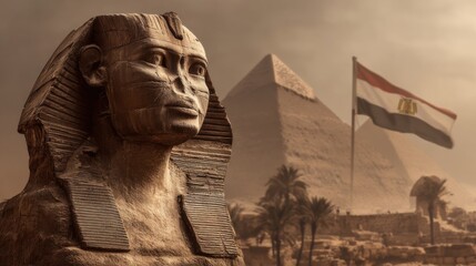 Ancient Sphinx stands in front of pyramids under Egypt flag with desert backdrop in evening light