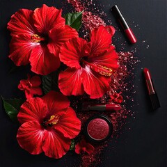Vibrant red hibiscus flowers and makeup artistry on a dark background.  Scattered glitter and makeup products