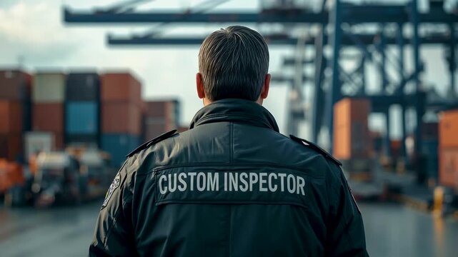 Customs inspector standing at busy shipping port surrounded by stacked cargo containers