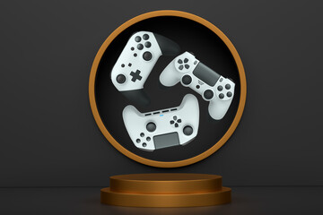 Colorful gaming controllers joystick levitating over podium against abstract background, minimalist concept device on pedestal