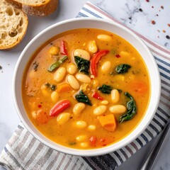 Creamy white bean soup in a bowl, garnished with vegetables