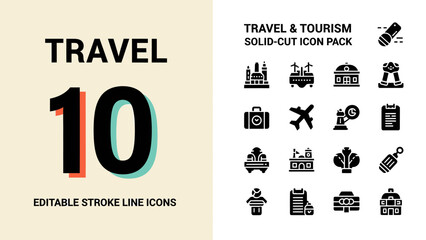 Travel and Tourism Solid Cut Icon Pack with Number 10.