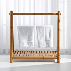 Bamboo towel rack, light-brown, simple design, two white towels