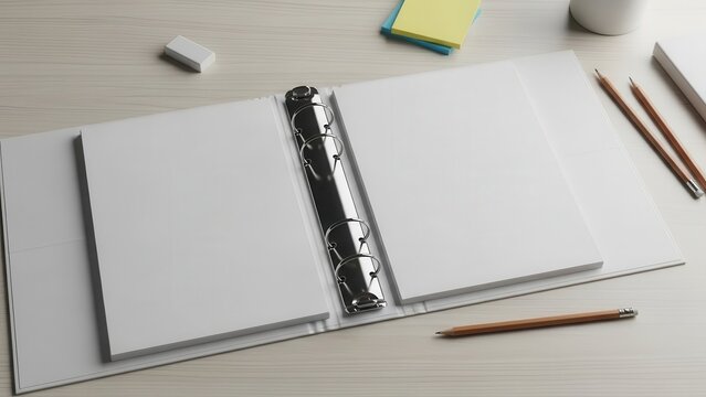 Pristine and minimalist open ring binder with blank white pages, presented in a clean, bright, and organized workspace setting with subtle natural lighting, alongside stationery items, intended for