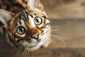 Fototapeta premium Curious Bengal cat with big green eyes looking up close up portrait with detailed fur and whiskers on wooden floor background, expressing alertness and interest