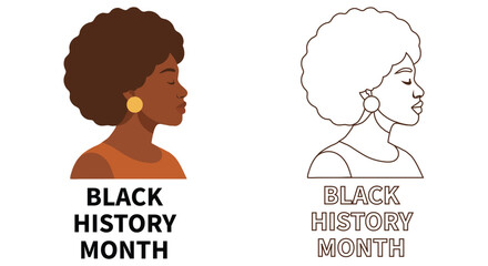 Black History Month concept with a beautiful African American woman in profile view, featuring colorful flat vector illustration and black and white line art for coloring page.
