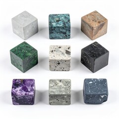 Nine small, square, textured stone samples