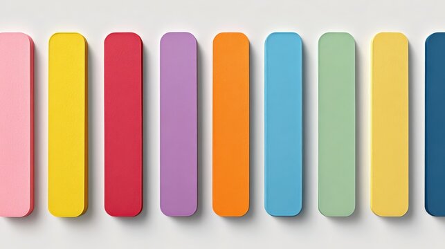 Row of uniformly shaped, brightly colored rectangular objects resting against a light background.