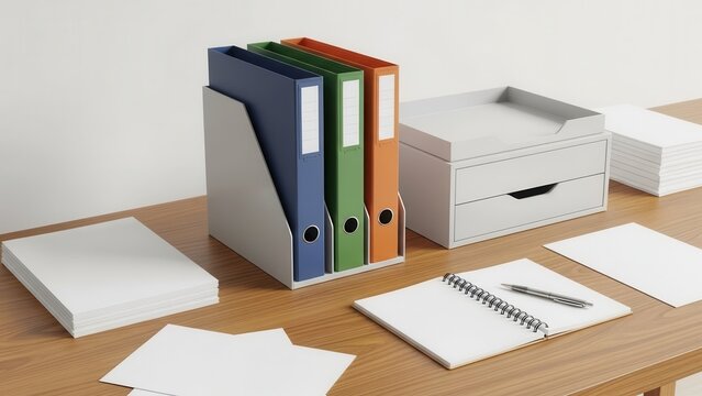 Organized and minimalist arrangement of colorful ring binders, a sleek white desk organizer, and pristine white paper stacks with a spiral notebook and pen, bathed in soft, natural daylight on a warm