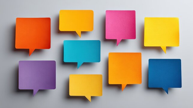 Multiple brightly colored speech bubbles are arranged on a neutral gray background surface