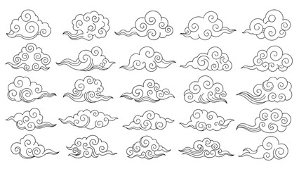 Collection of traditional Asian style clouds drawn with a stippled or dotted line effect, representing classic Chinese and Japanese art.