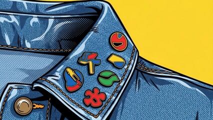 Pop Art Style Illustration of a Denim Jacket Collar Adorned with Colorful Enamel Pins.