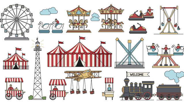 Collection of colorful vintage-style amusement park and carnival attractions, including a Ferris wheel, carousel, circus tent, and train ride.