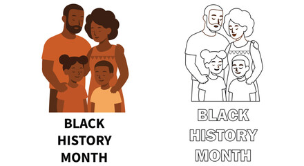 Black History Month illustration featuring a happy African American family with parents and children, colorful flat vector and black and white line art coloring page version.