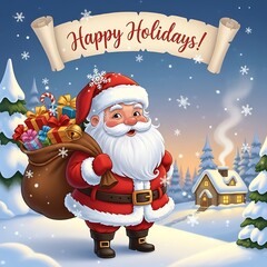 Festive santa claus with gifts bag and greeting banner in snowy landscape