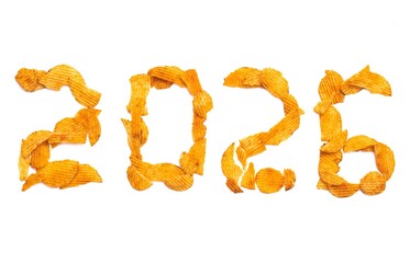 2026 Written with Potato Chips Isolated on White Background with Copy Space, Happy New Year 2026 Concept