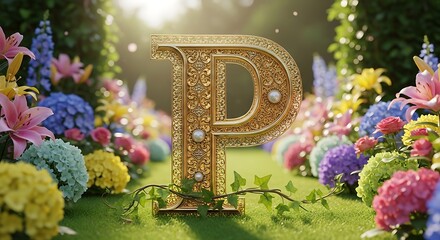 Golden ornate letter p surrounded by vibrant blooming flowers and lush greenery creating a magical garden scene