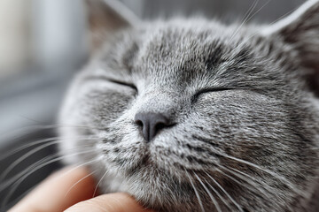 Gray cat enjoying gentle chin touch from human finger, eyes closed in contentment, showing soft fur and whiskers in close up detail. Relaxed pet moment with affectionate interaction