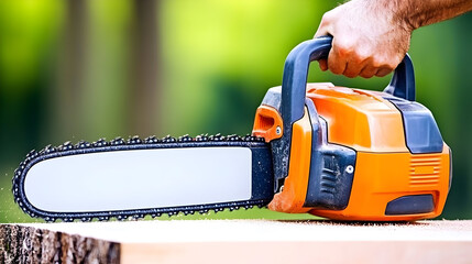Man's hand holding an orange and black chainsaw cutting through wood outdoors